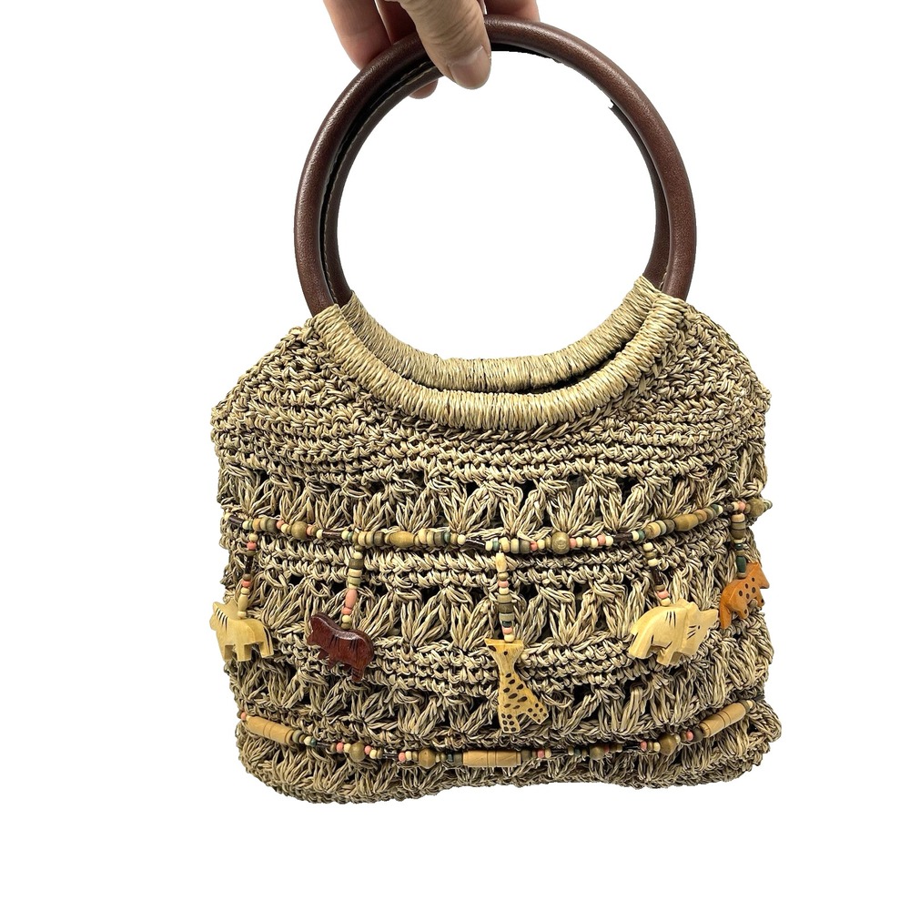 Capelli‎ Straworld Inc. Woven Beaded Wooden Safari Charms Boho Hand Bag Purse